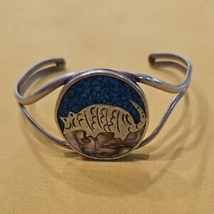 Vintage handcrafted armadillo cuff bracelet stamped Alpaca